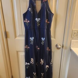 Chi Chi London Blue Long dress with embroidered flowers